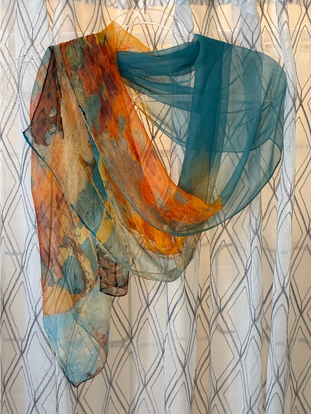 Teal and Orange Sheer Silk Scarf - Lightweight Layering Wrap